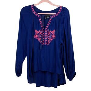 FUN & FLIRT Blue Pink Embroidered Southwestern Long Sleeve Blouse Large